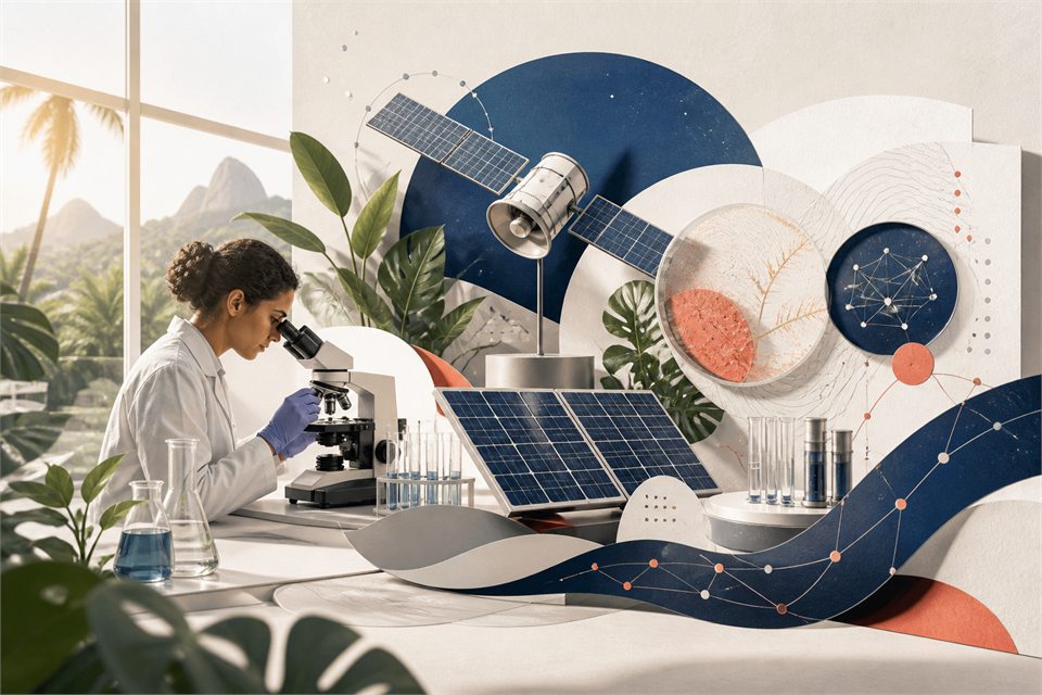 Ilustração editorial de pesquisa científica, energia solar e observação por satélite